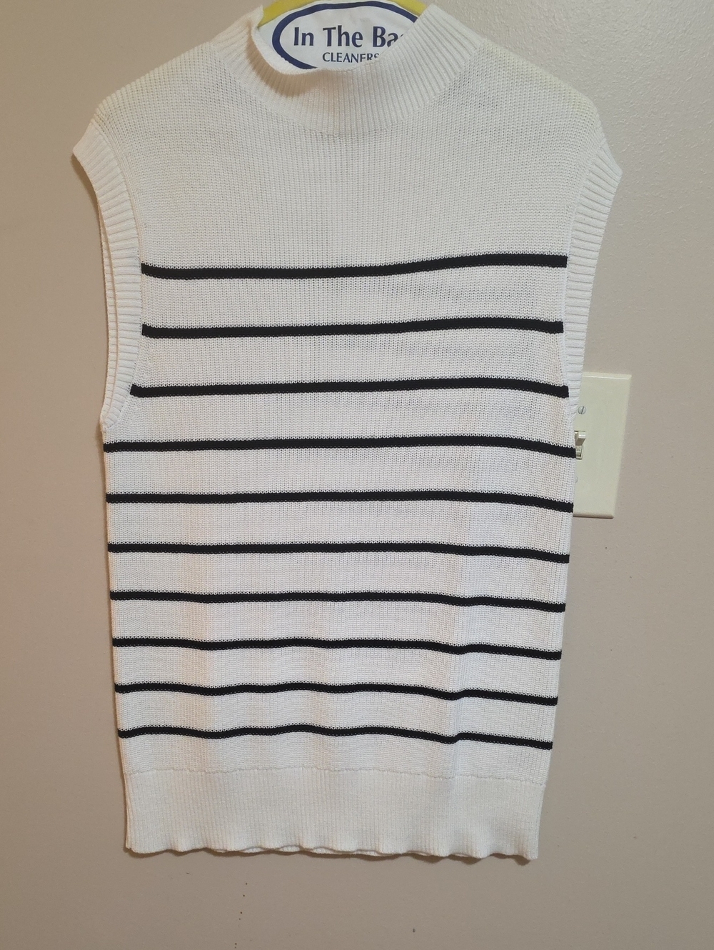 Talbots White Sleeveless Knit Sweater Vest with Black Stripes